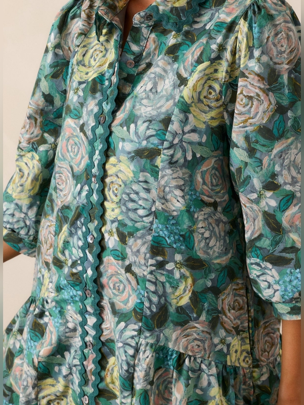 Cottagecore Green Floral Cotton Drop Waist Mini Dress Romantic Prairie Sz LG - Picture 2 of 16